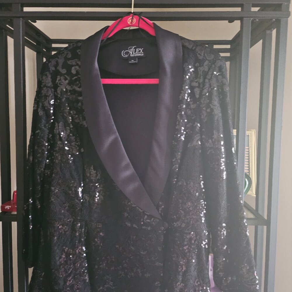 ALEX EVENINGS WOMAN BLACK PEPLUM SEQUIN BLOUSE/JACKET SIZE XL